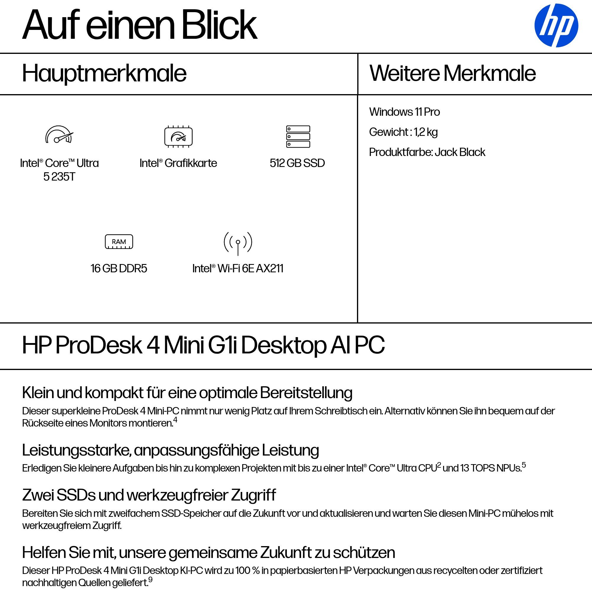 HP ProDesk 4 G1i - Mini / Core Ultra 5 235T / RAM 16 GB / SSD 512 GB